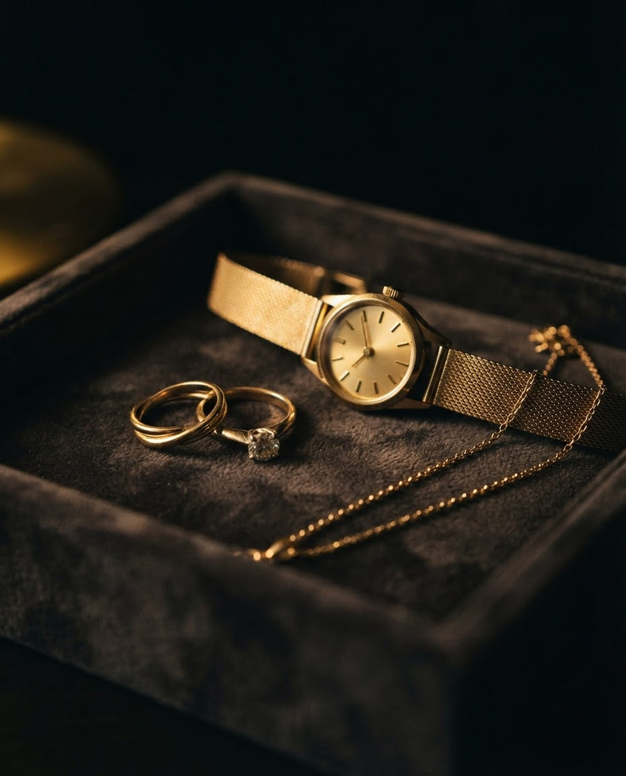 Montre, bagues et collier dorés sur un plateau en velours