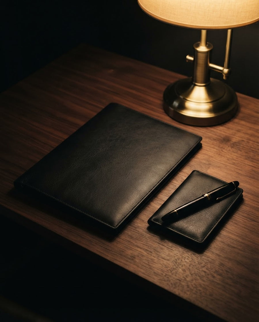 Porte-documents en cuir noir et stylo plume sur un bureau